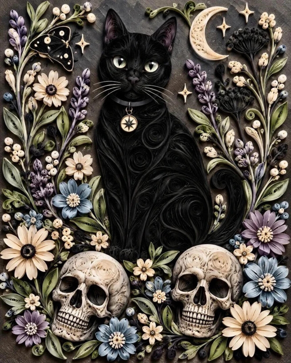 8x10 Framed Black Cat Skull Floral Quilling Art Print